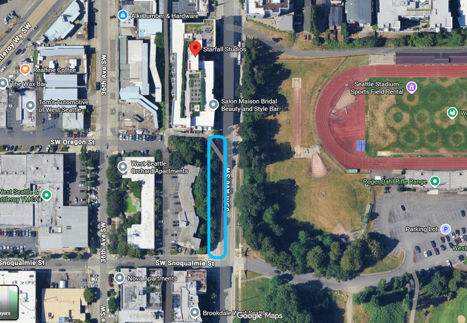 Parking map — street parking near Starfall Studios, West Seattle