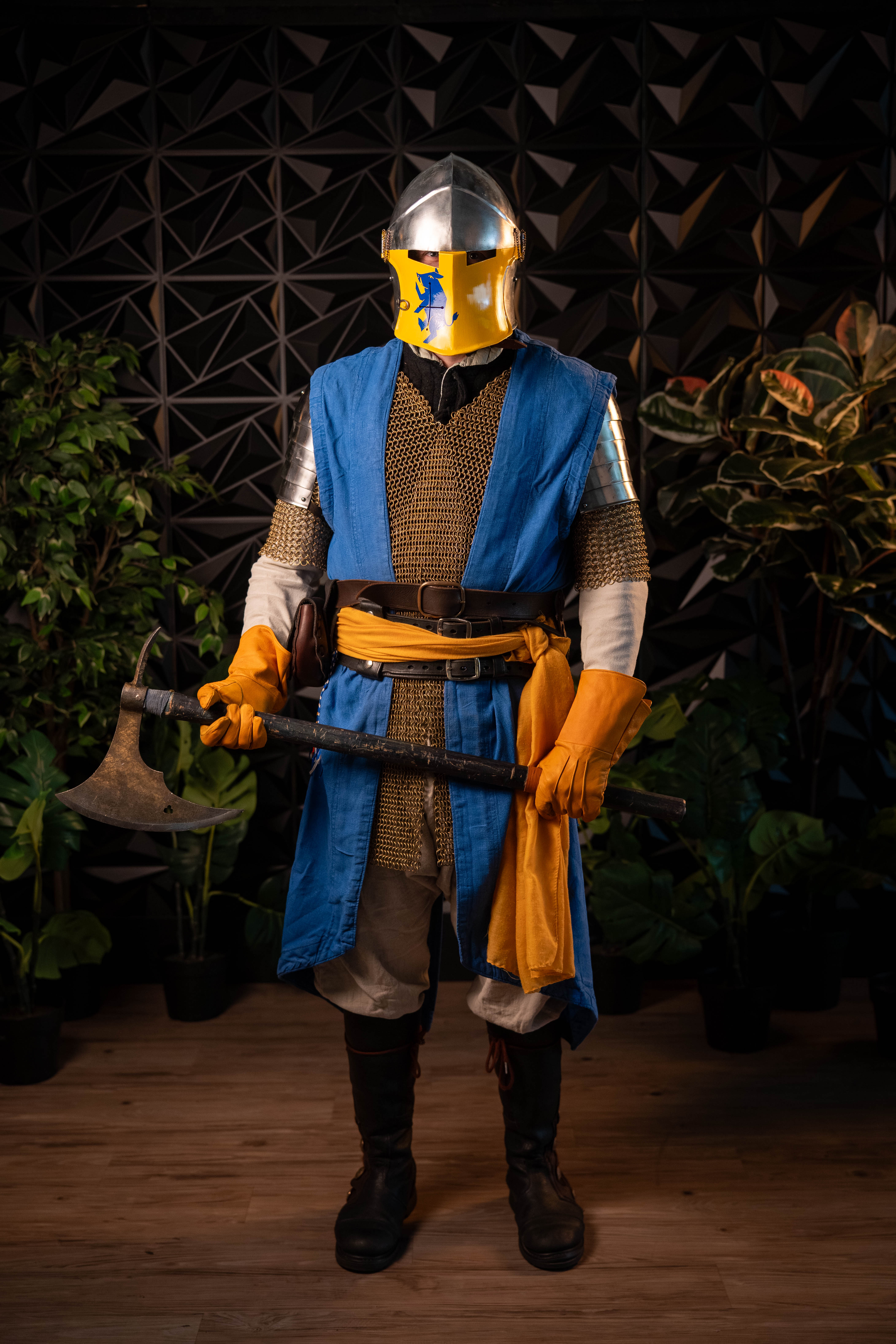 Sebastian Hesse — full body, yellow/blue heraldic helmet, axe, plants backdrop